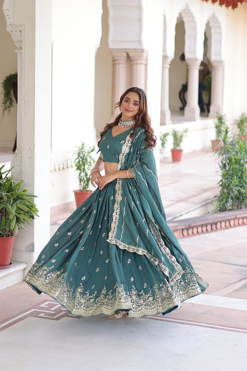 Asha Teal Green Vichitra Silk Sequins Embroidered Lehenga Choli with Dupatta