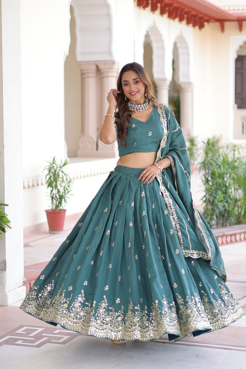 Asha teal green Vichitra silk sequins embroidered lehenga choli with dupatta