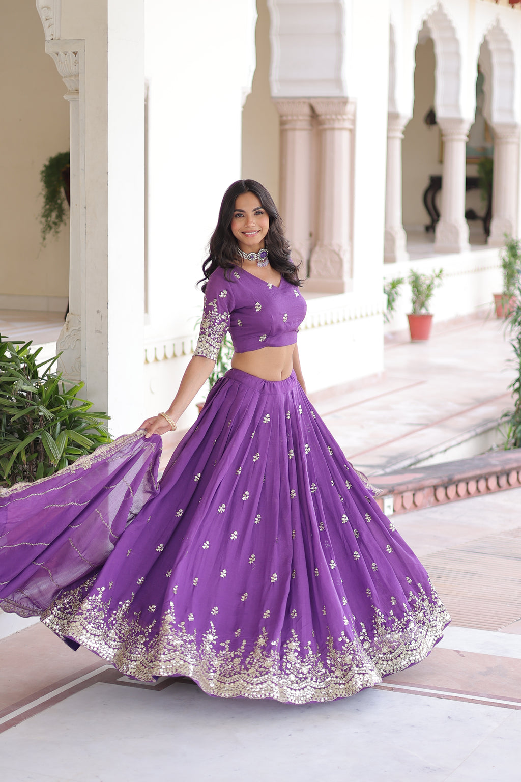 Asha Purple Vichitra Silk Sequins Embroidered Lehenga Choli with Dupatta