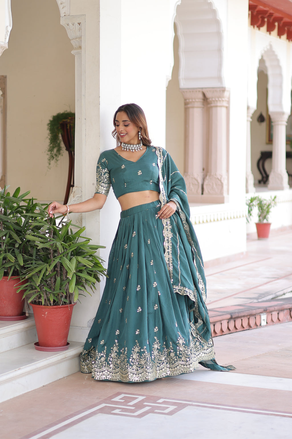 Asha Teal Green Vichitra Silk Sequins Embroidered Lehenga Choli with Dupatta
