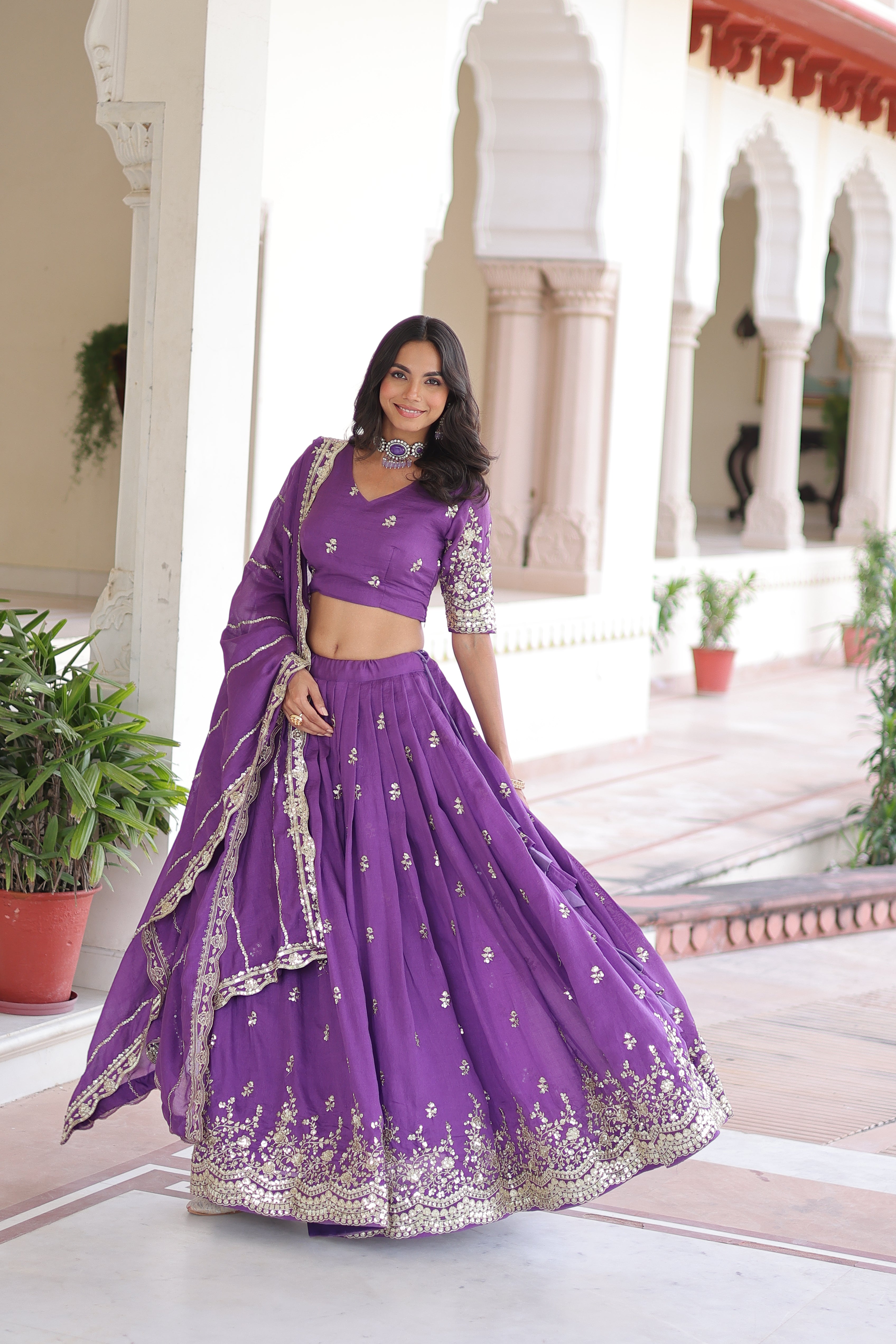 Asha Purple Vichitra Silk Sequins Embroidered Lehenga Choli with Dupatta