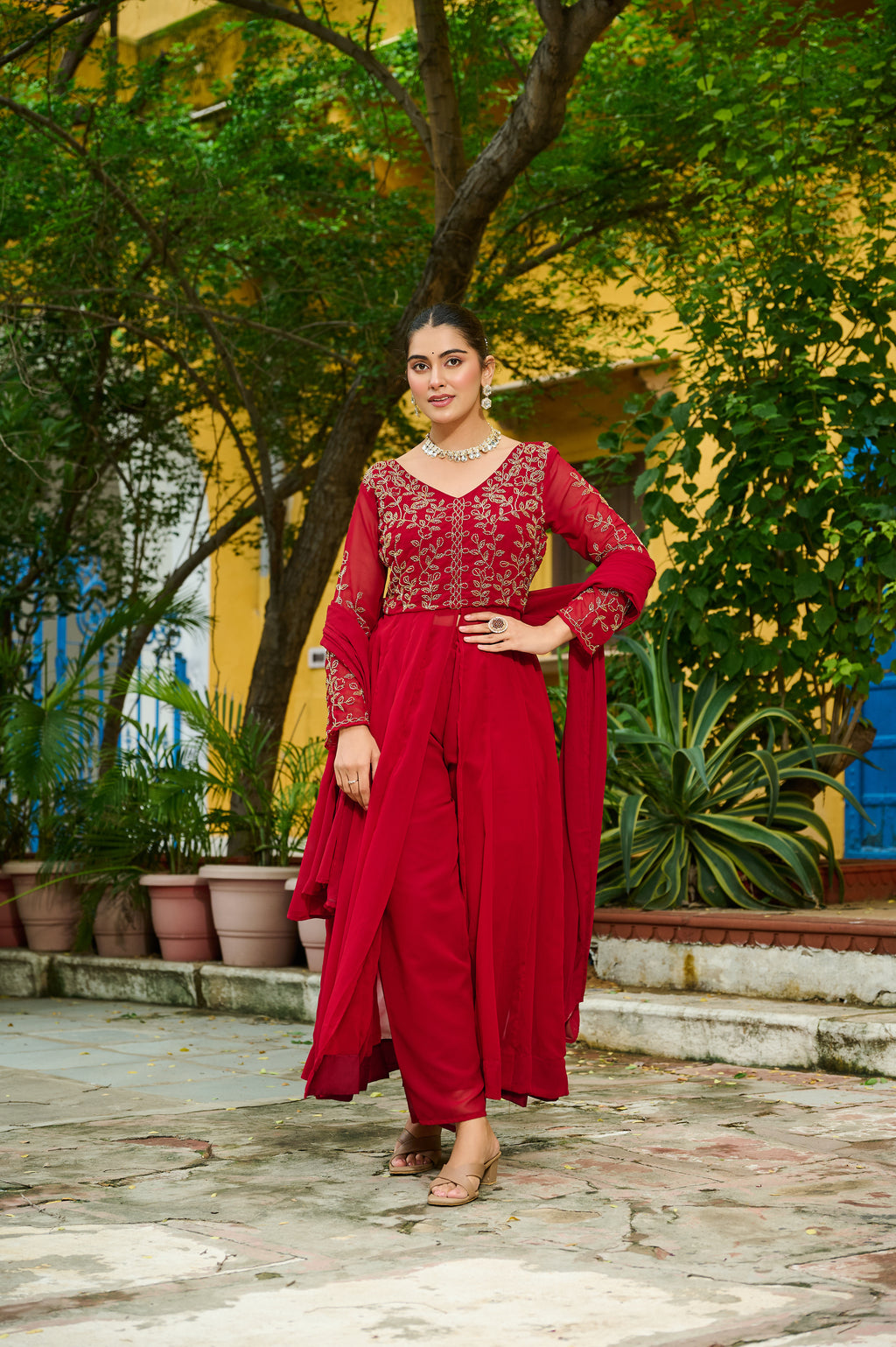 Niyu maroon faux blooming kurti with thread embroidery and bottom set