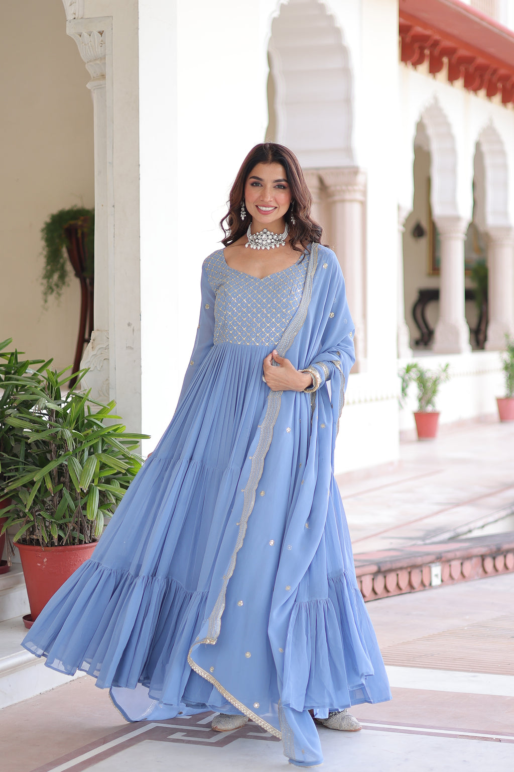 Mita Sky Blue Color Faux Georgette Sequins Zari Embroidered Gown with Dupatta