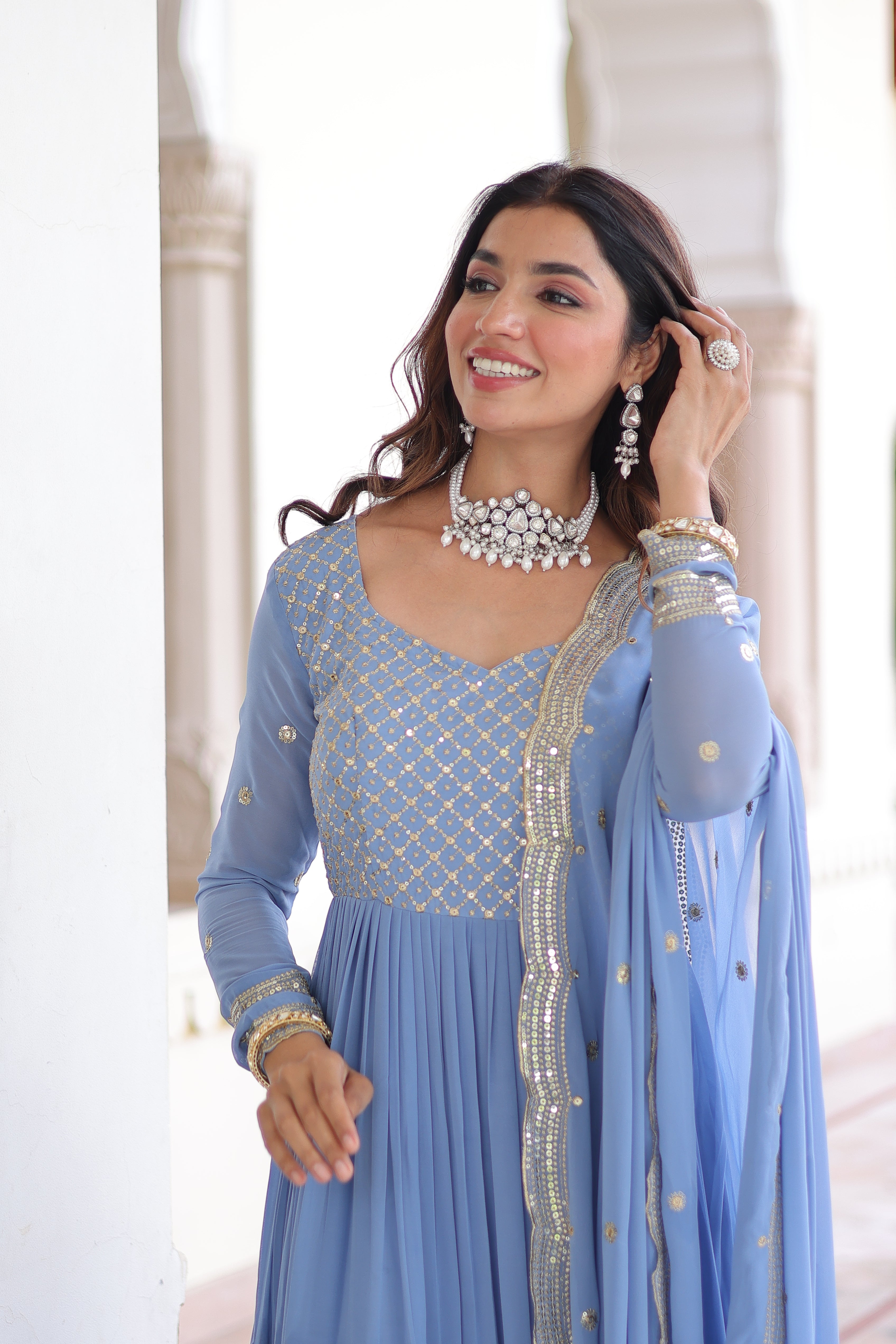 Mita Sky Blue Color Faux Georgette Sequins Zari Embroidered Gown with Dupatta
