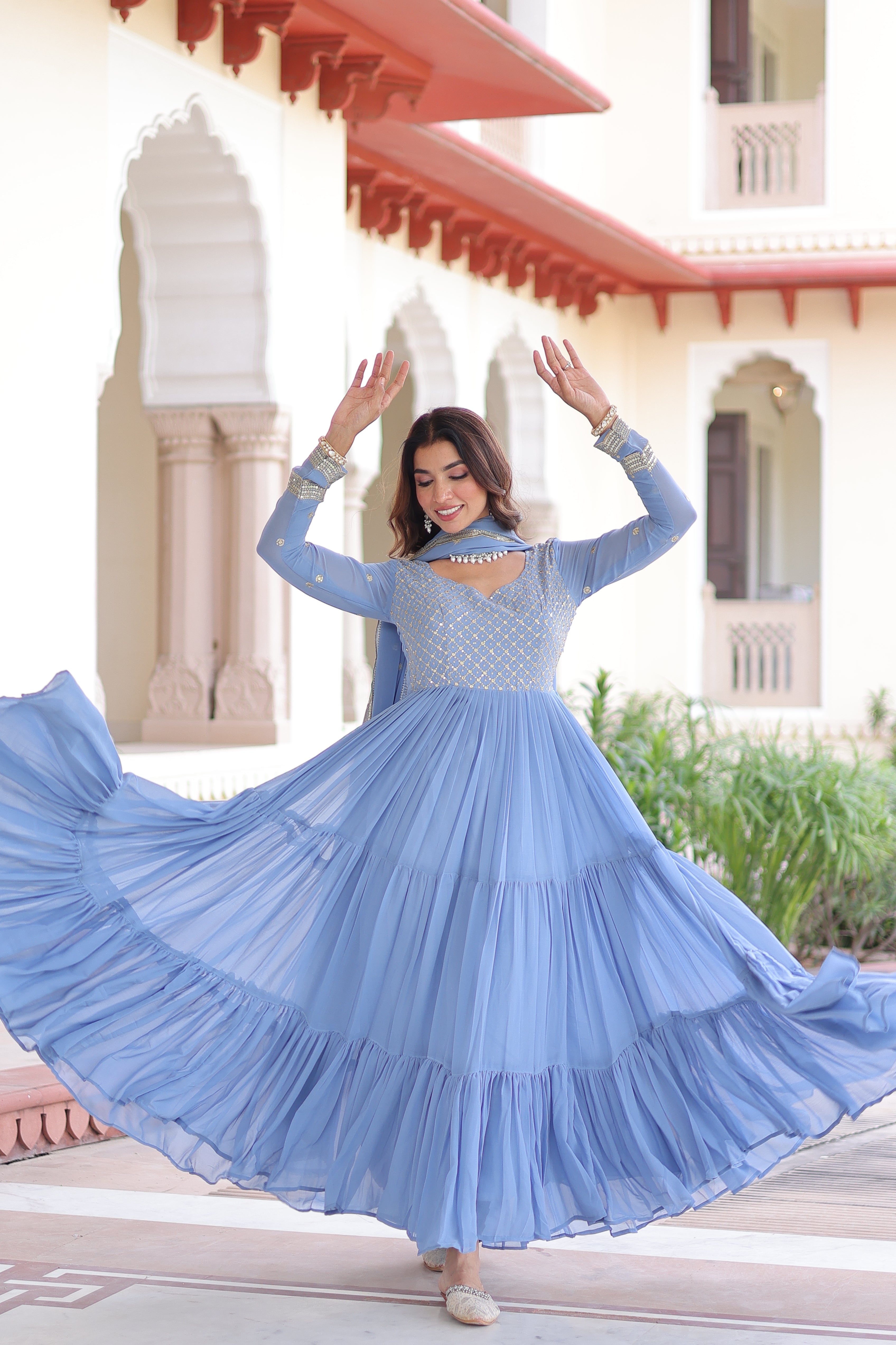 Mita Sky Blue Color Faux Georgette Sequins Zari Embroidered Gown with Dupatta
