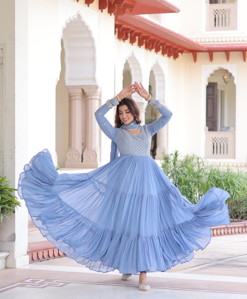 Mita Sky Blue Color Faux Georgette Sequins Zari Embroidered Gown with Dupatta