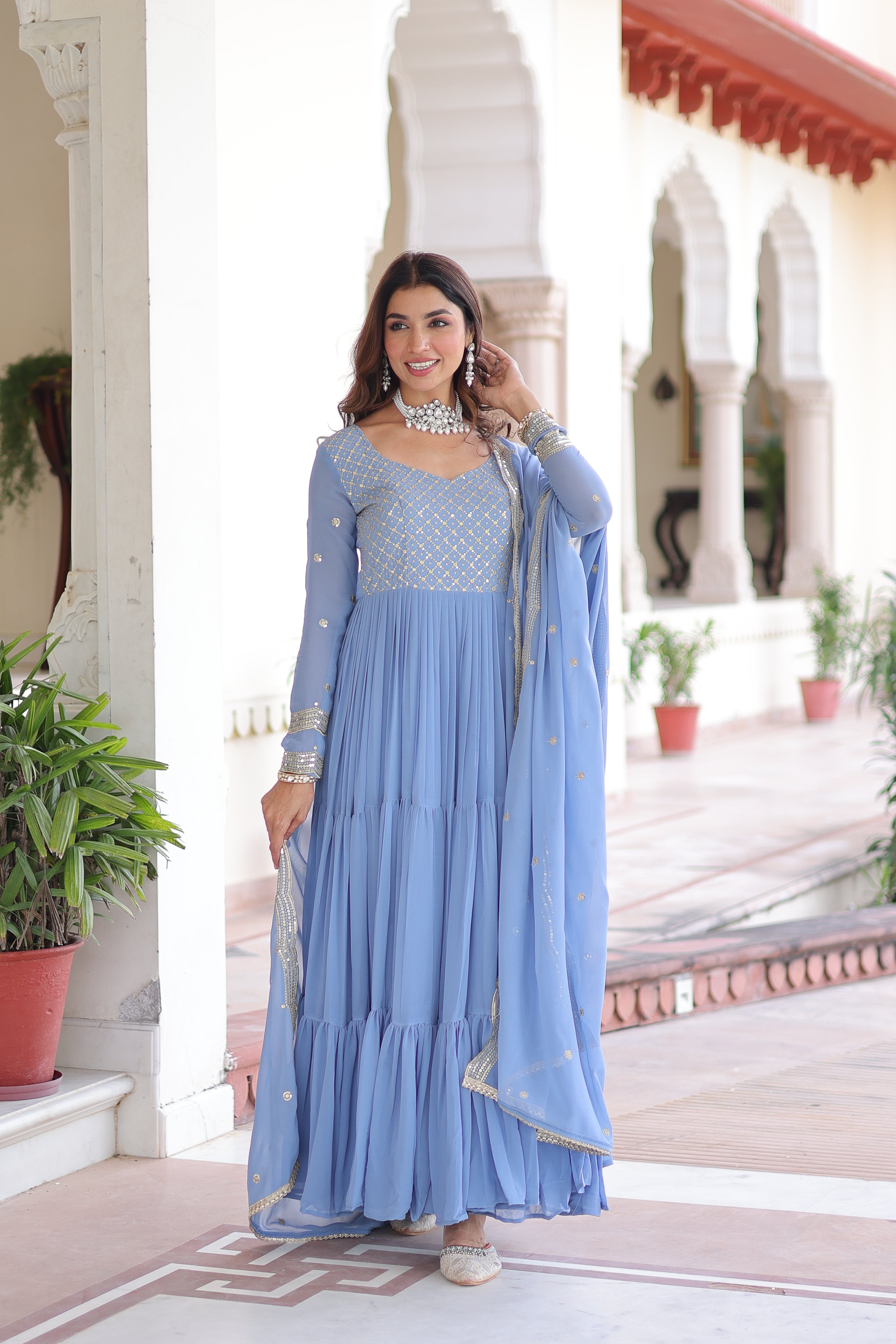 Mita Sky Blue Color Faux Georgette Sequins Zari Embroidered Gown with Dupatta