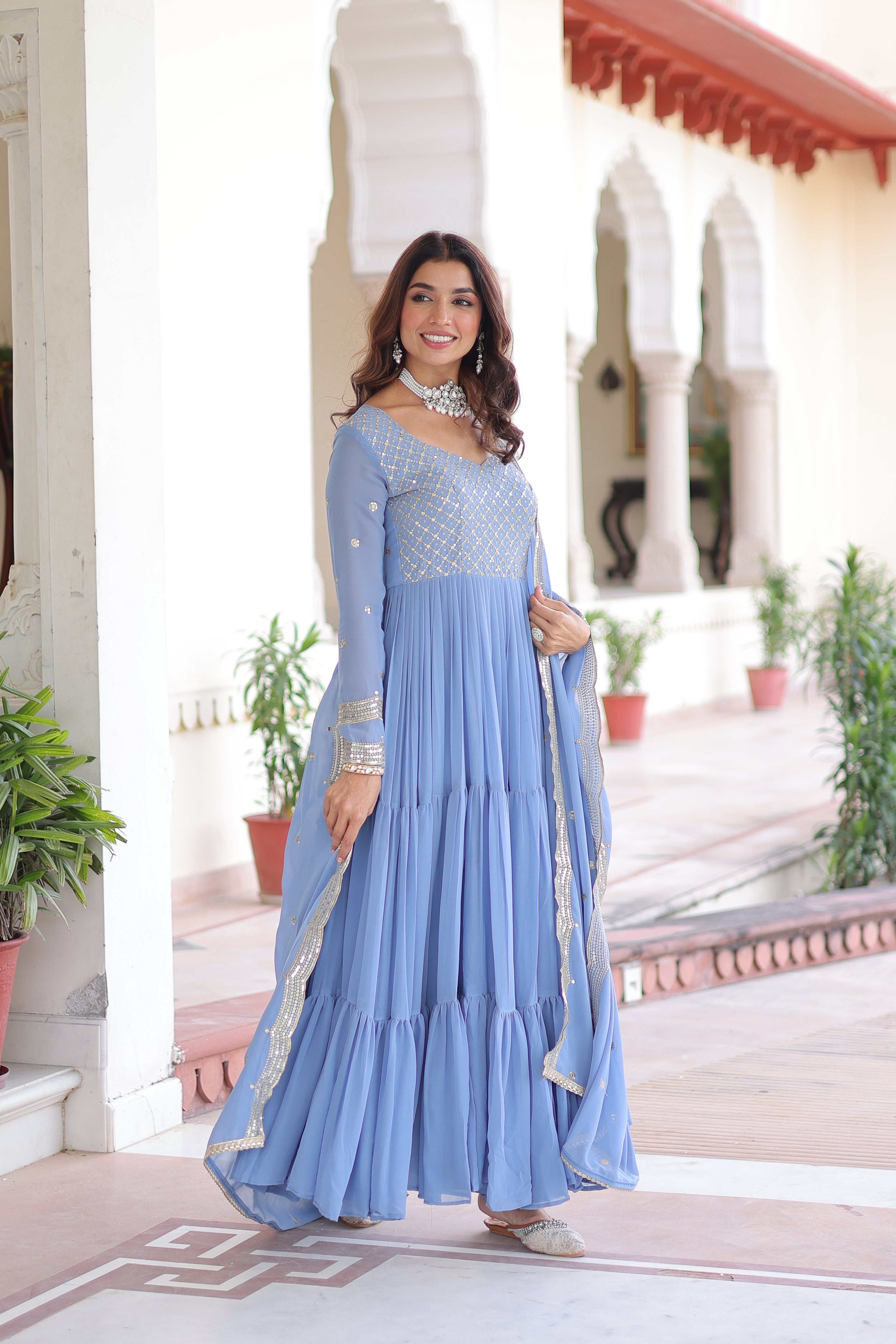 Mita Sky Blue Color Faux Georgette Sequins Zari Embroidered Gown with Dupatta