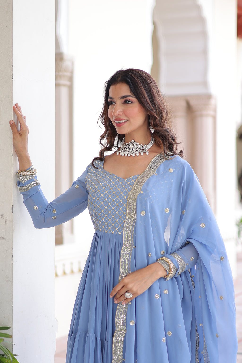 Mita Sky Blue Color Faux Georgette Sequins Zari Embroidered Gown with Dupatta