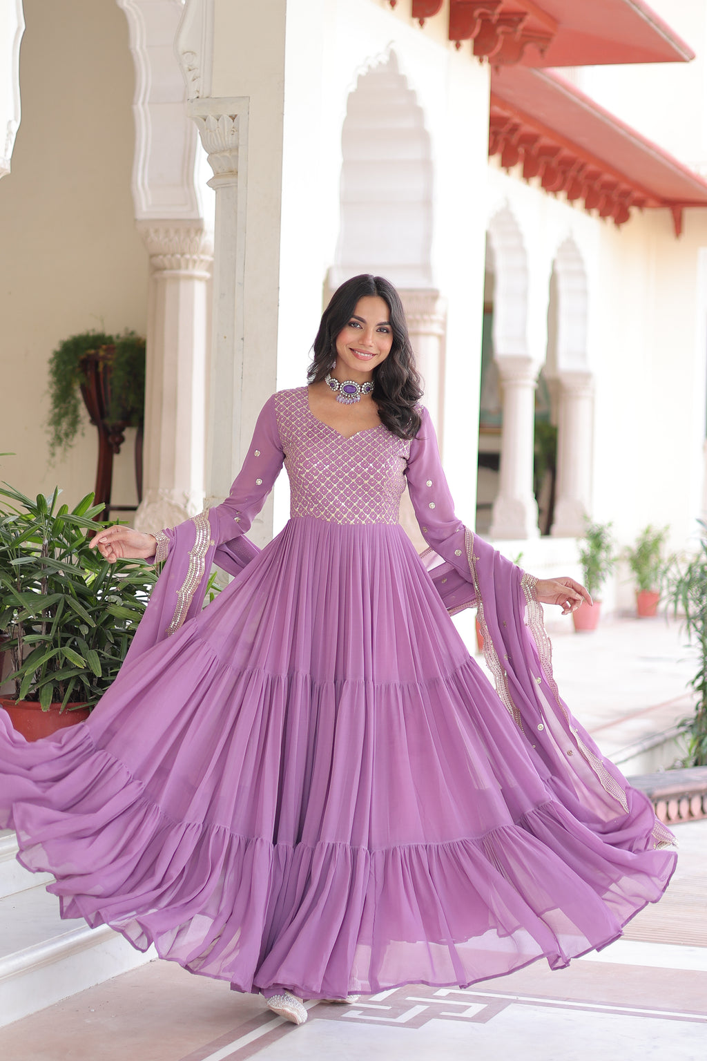 Mita Onion Pink Faux Georgette Sequins Zari Embroidered Gown with Dupatta