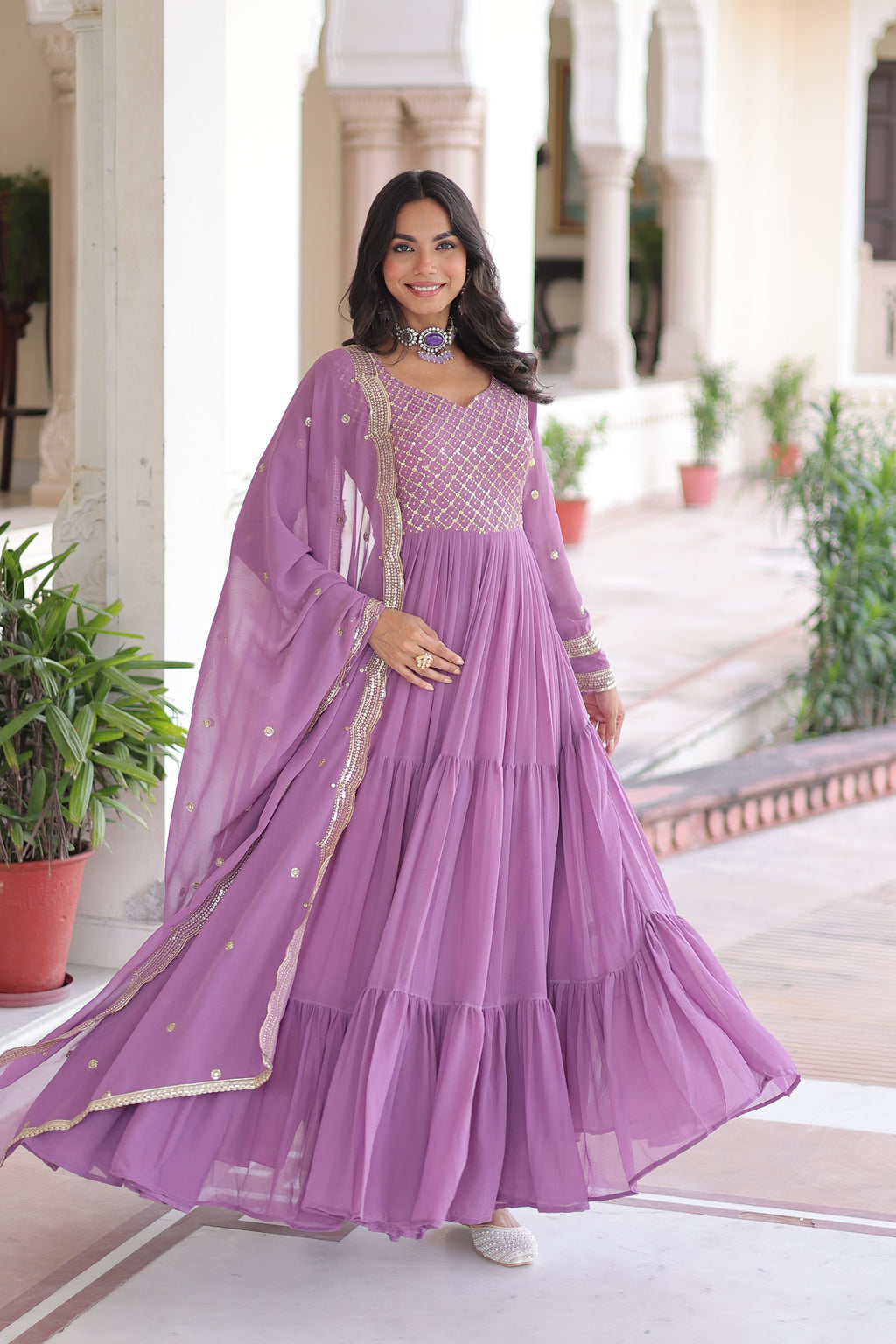Mita Onion Pink Faux Georgette Sequins Zari Embroidered Gown with Dupatta
