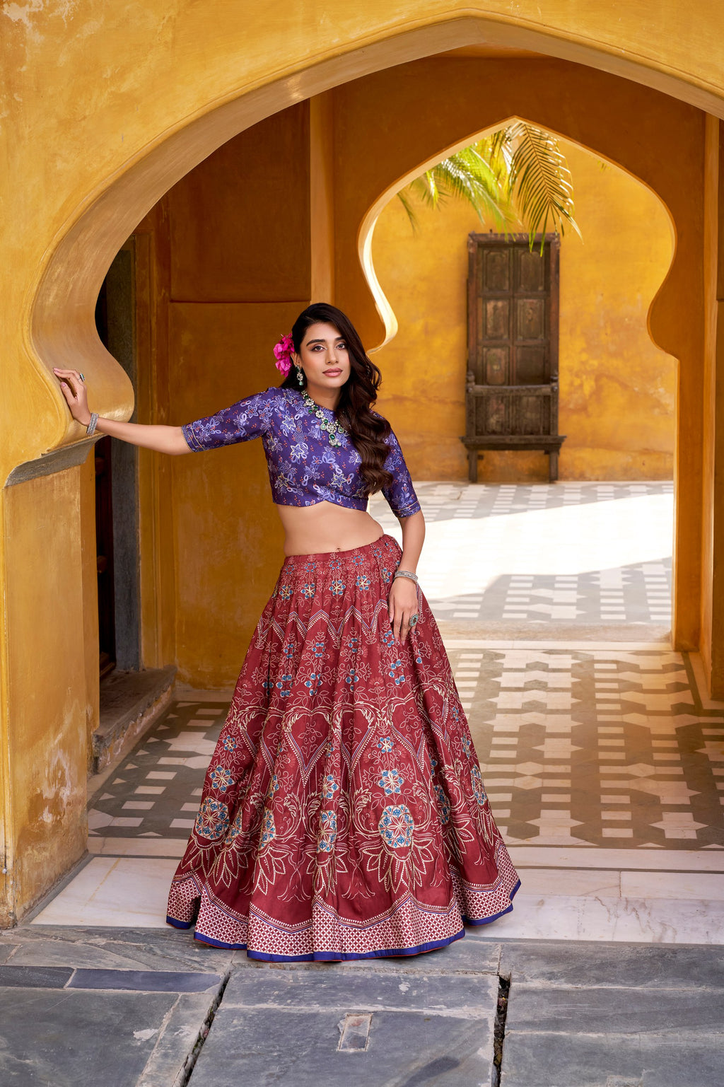 Rajeshwari maroon vaishali silk printed beads work lehenga choli set