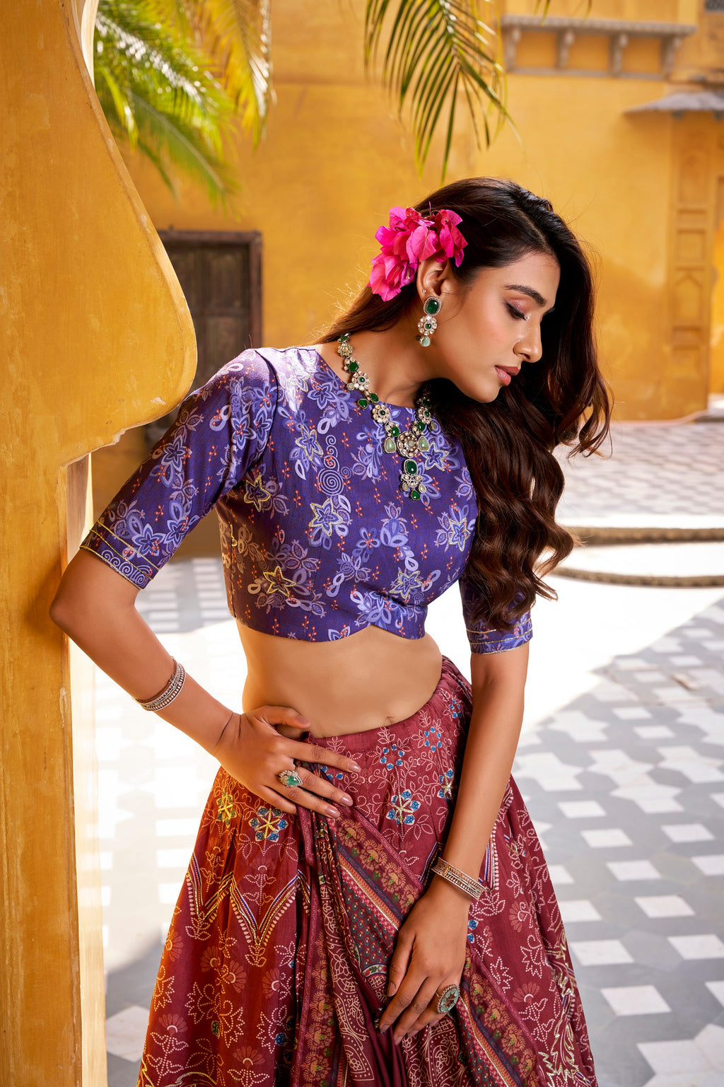 Rajeshwari maroon vaishali silk printed beads work lehenga choli set