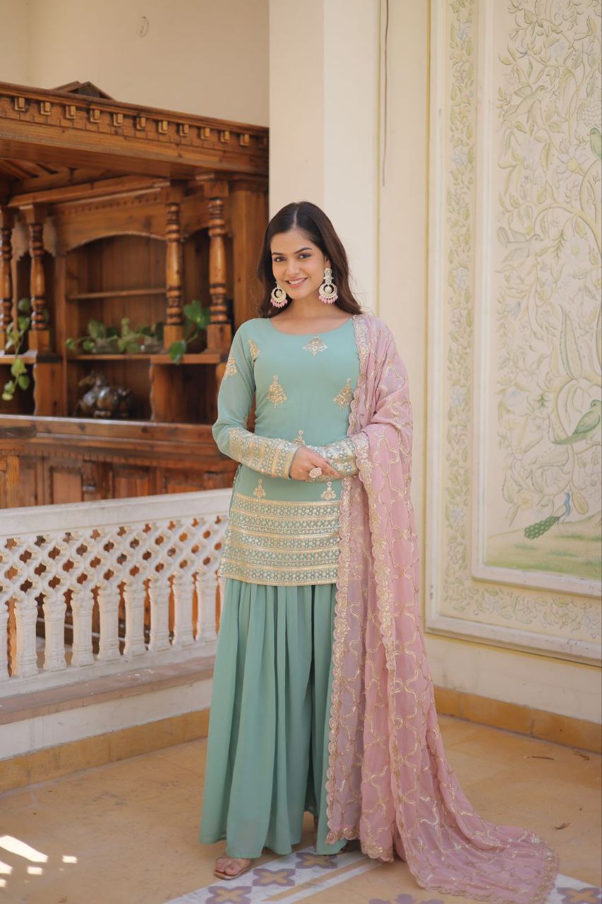 Vindhyavasini Georgette Embroidered Kurti Sharara Set
