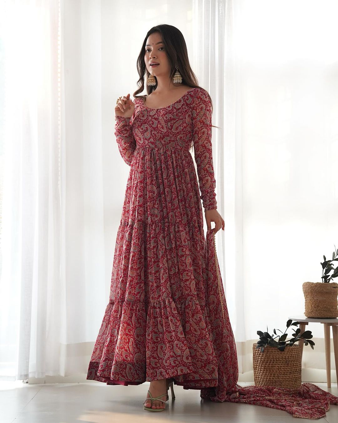 Trishika maroon georgette ruffle flared Anarkali suit set
