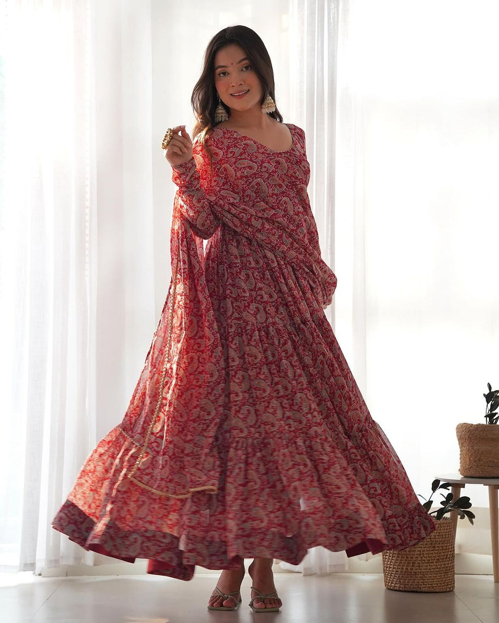 Trishika maroon georgette ruffle flared Anarkali suit set