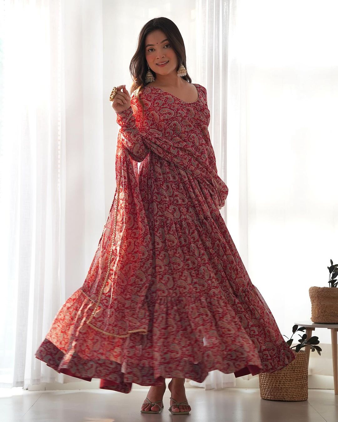 Trishika maroon georgette ruffle flared Anarkali suit set