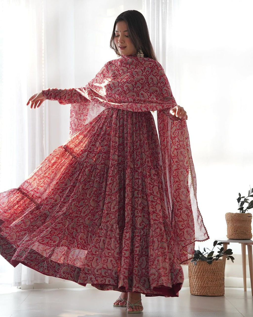 Trishika maroon georgette ruffle flared Anarkali suit set