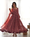 Trishika maroon georgette ruffle flared Anarkali suit set