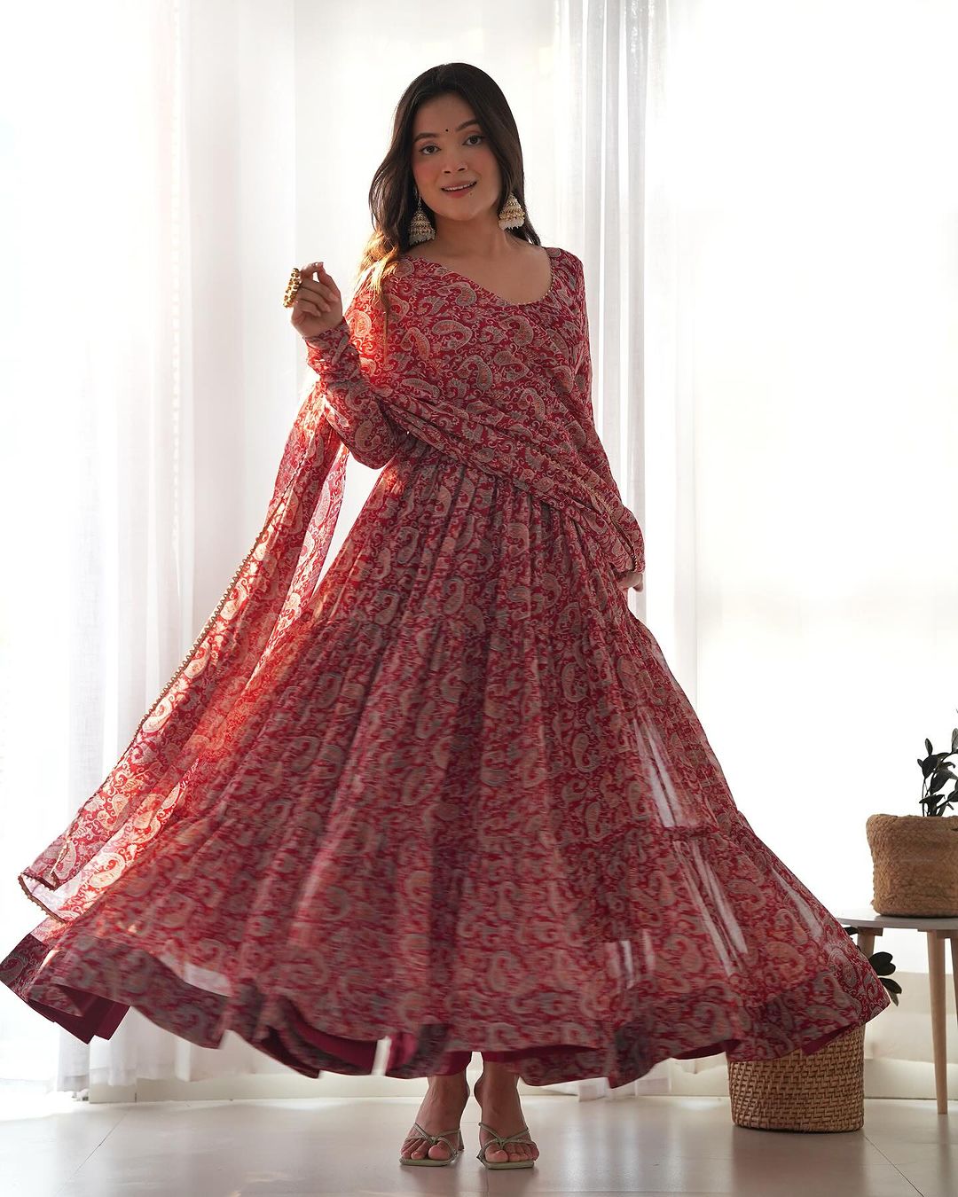 Trishika maroon georgette ruffle flared Anarkali suit set