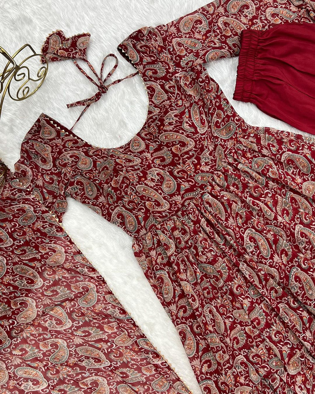 Trishika maroon georgette ruffle flared Anarkali suit set
