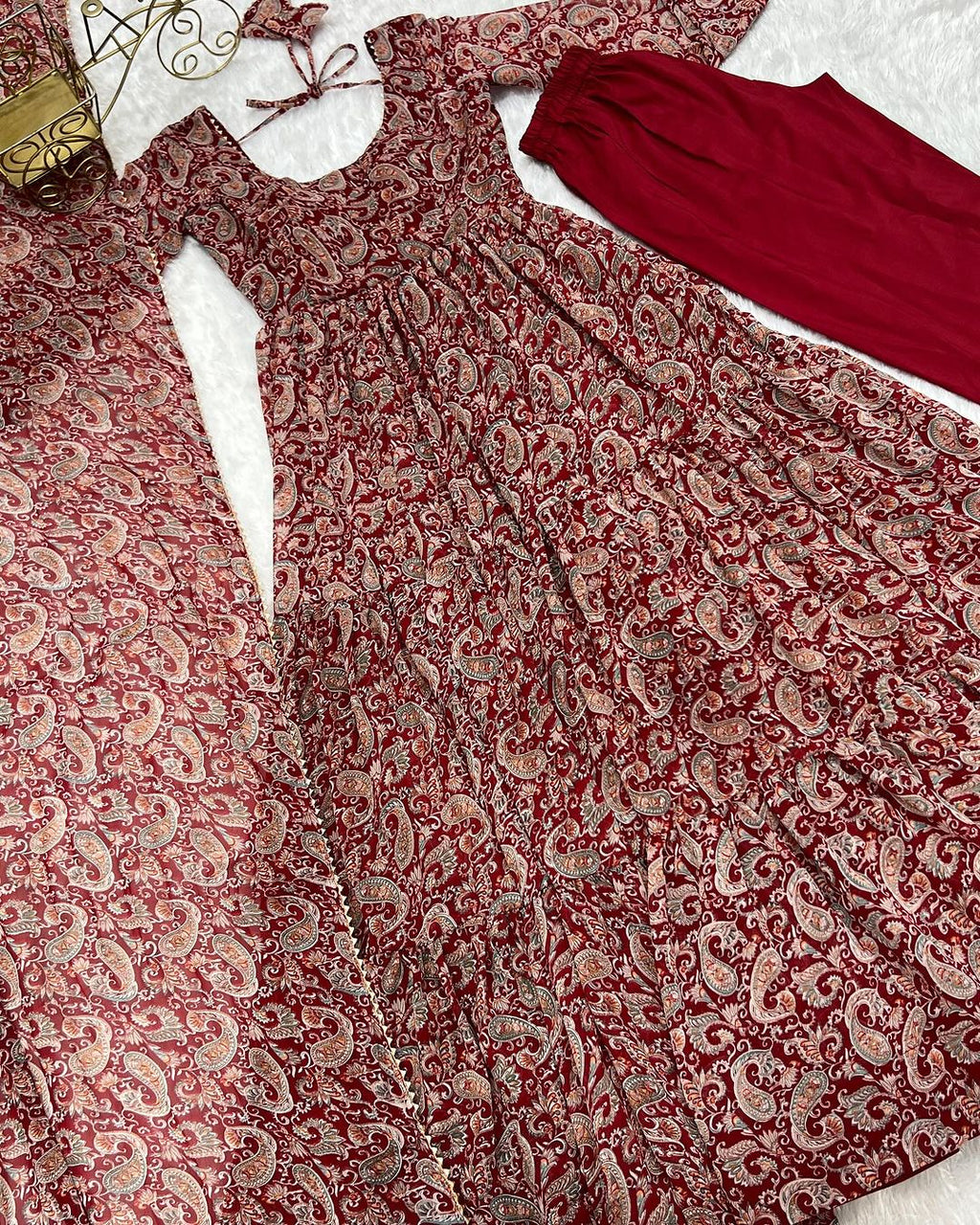 Trishika maroon georgette ruffle flared Anarkali suit set