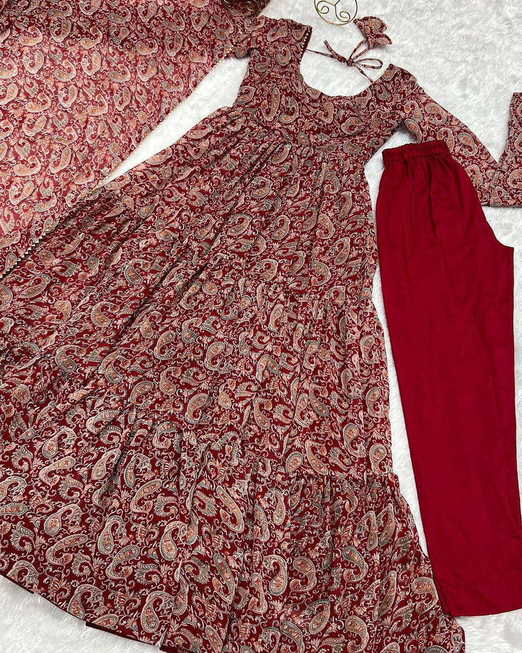 Trishika maroon georgette ruffle flared Anarkali suit set