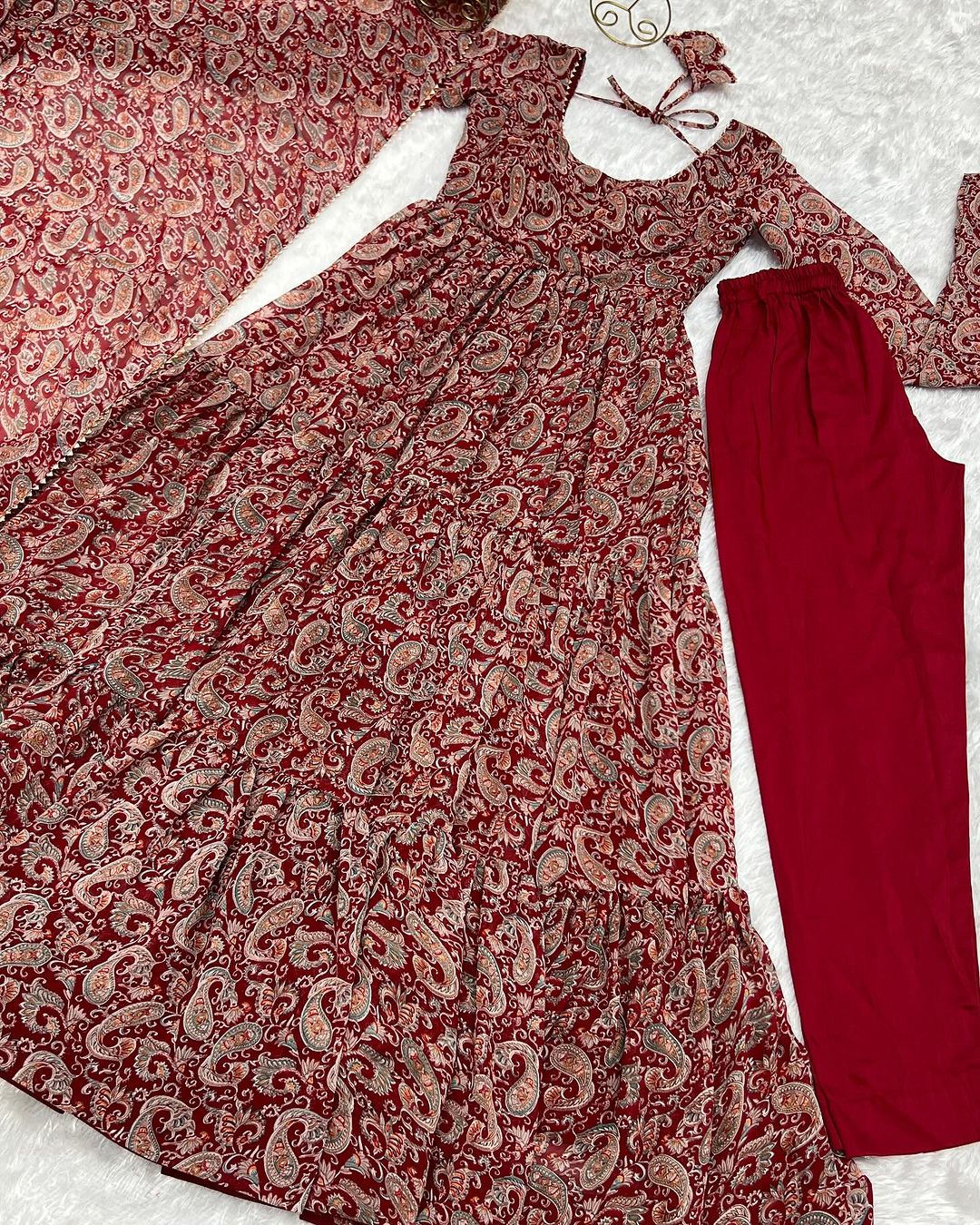 Trishika maroon georgette ruffle flared Anarkali suit set