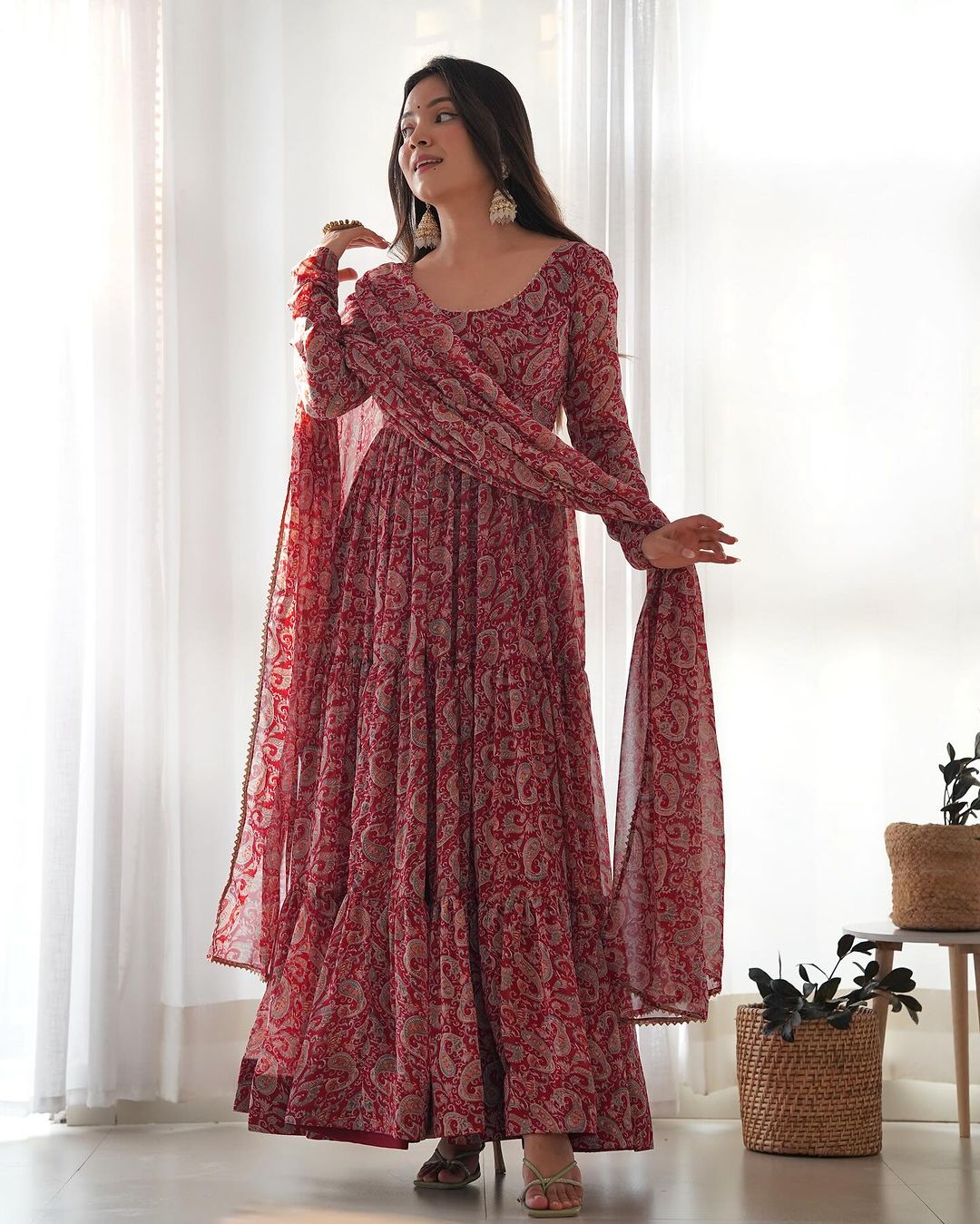 Trishika maroon georgette ruffle flared Anarkali suit set