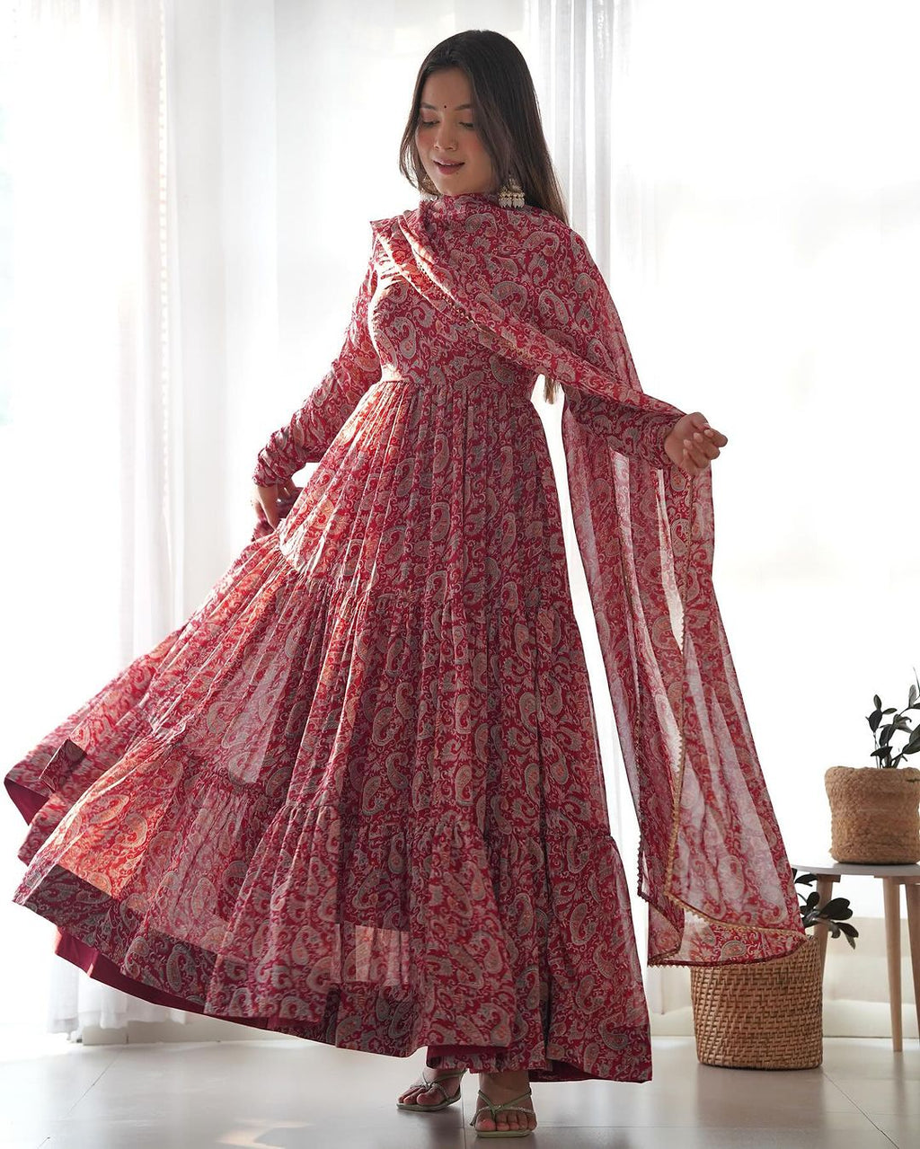 Trishika maroon georgette ruffle flared Anarkali suit set