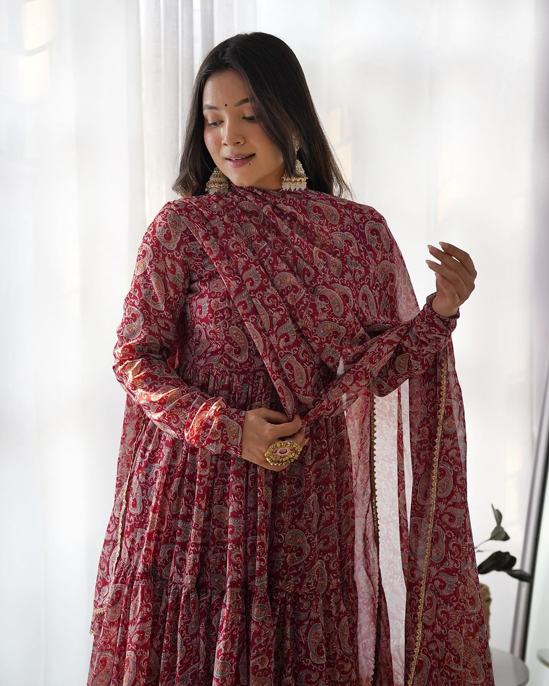 Trishika maroon georgette ruffle flared Anarkali suit set