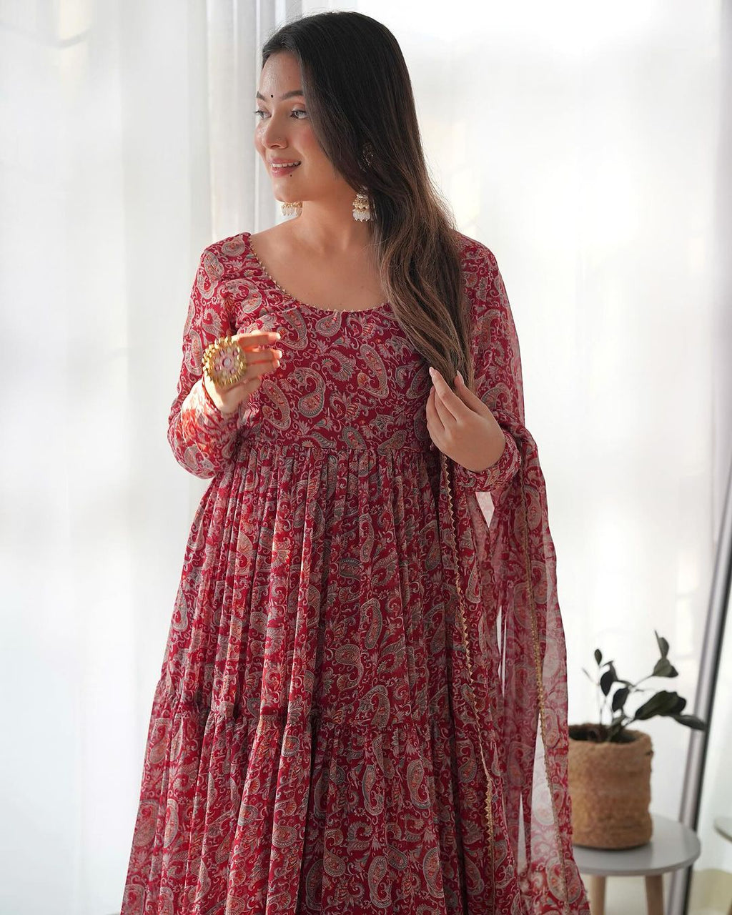 Trishika maroon georgette ruffle flared Anarkali suit set