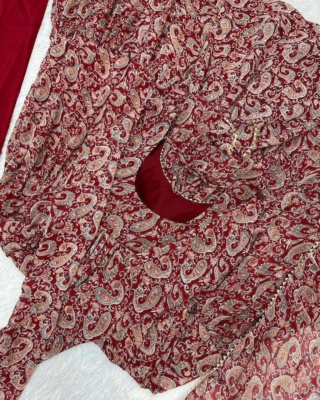 Trishika maroon georgette ruffle flared Anarkali suit set