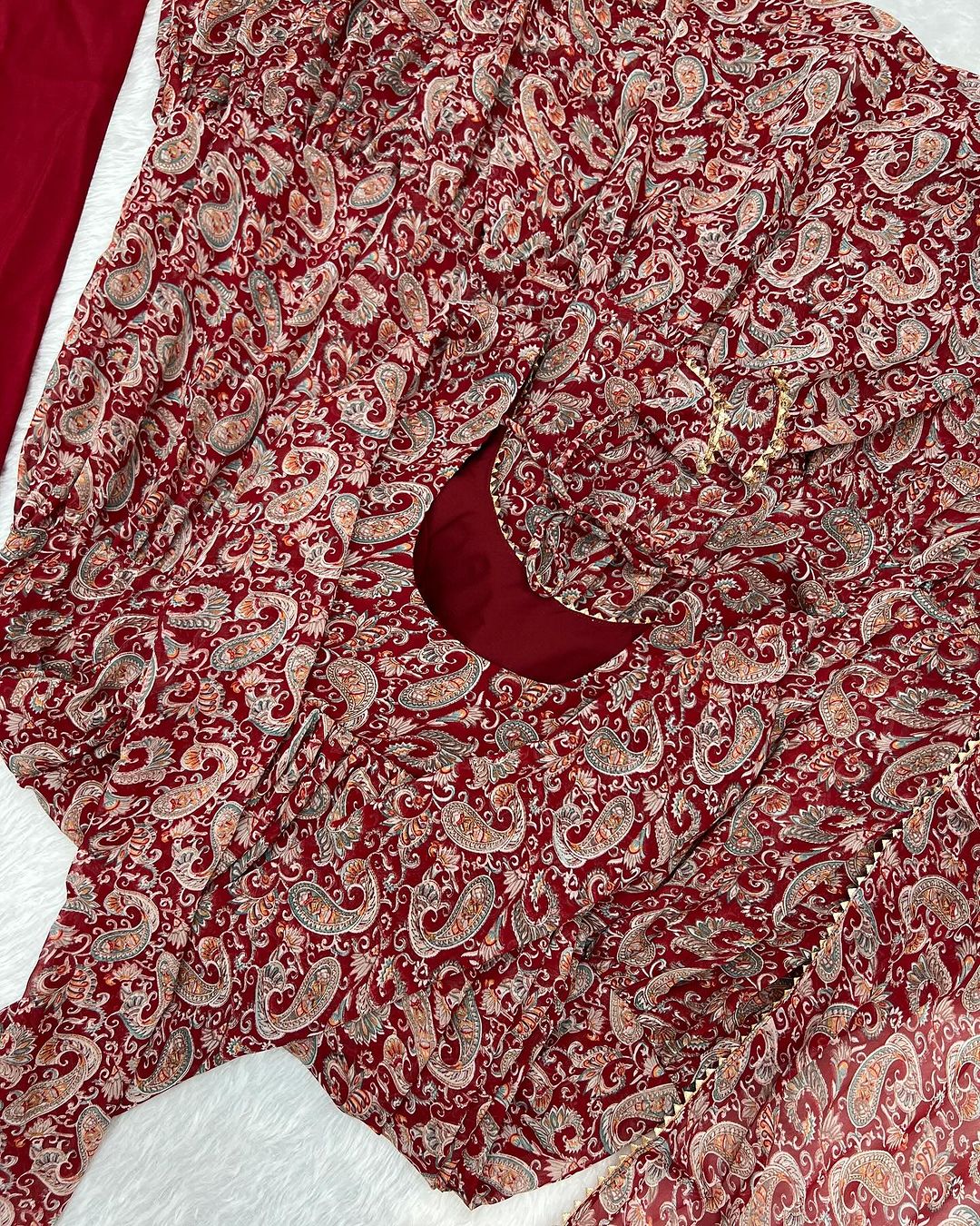 Trishika maroon georgette ruffle flared Anarkali suit set