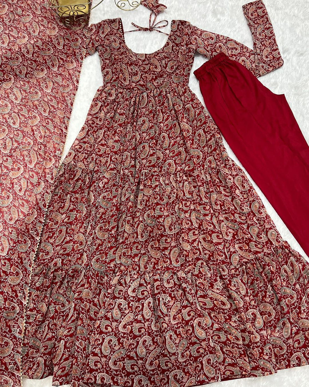 Trishika maroon georgette ruffle flared Anarkali suit set