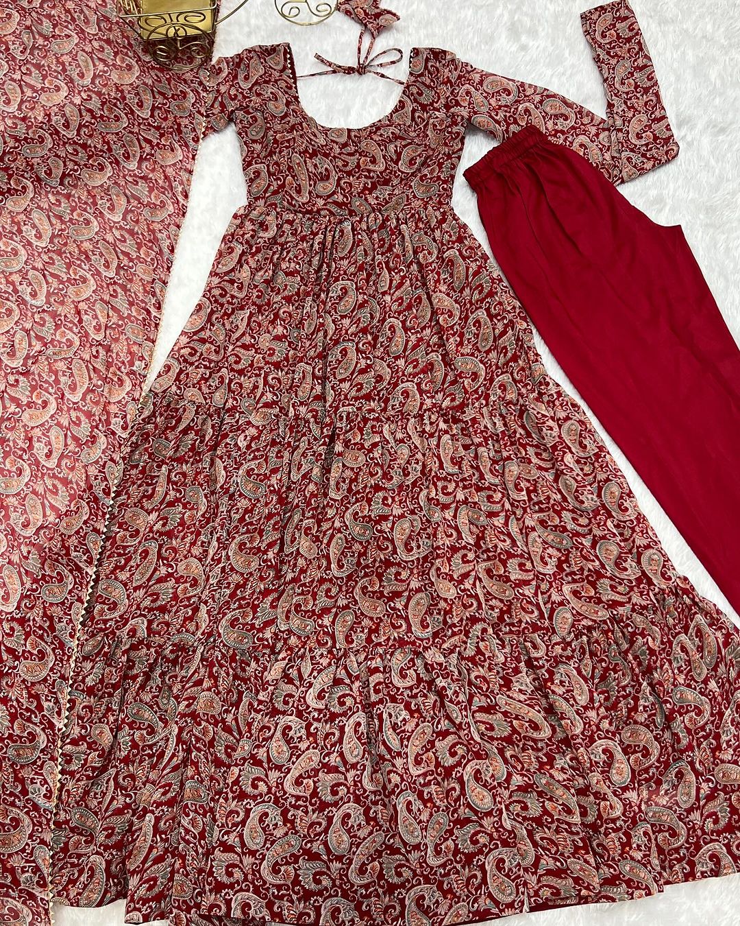 Trishika maroon georgette ruffle flared Anarkali suit set
