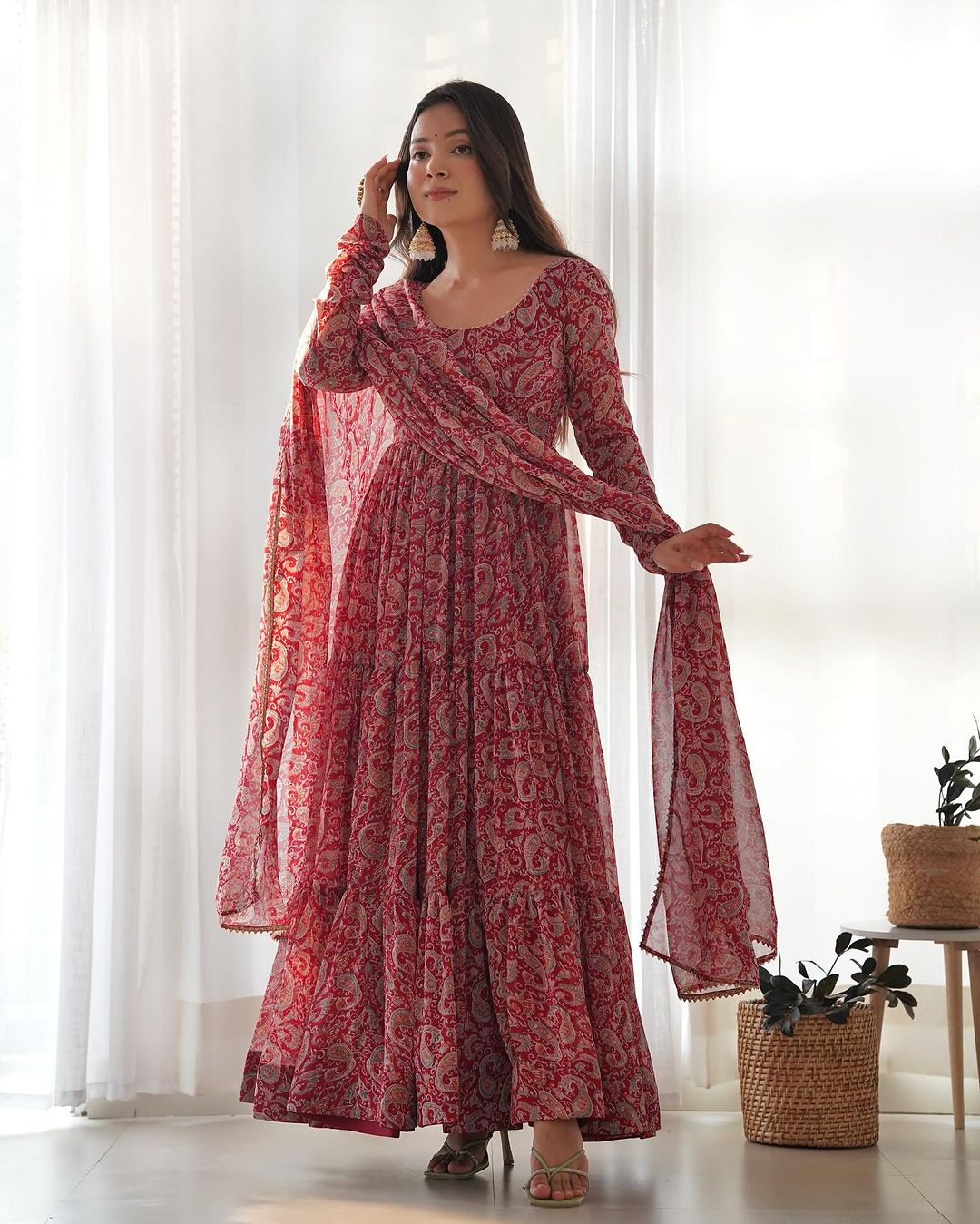 Trishika maroon georgette ruffle flared Anarkali suit set