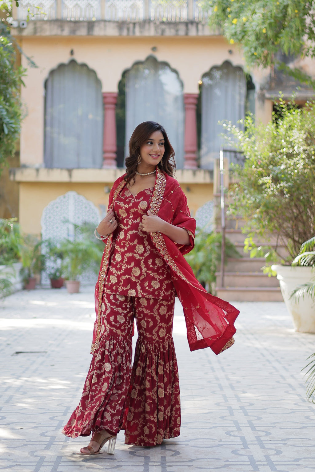 Triya Maroon Viscose Georgette Jacquard Kurti Gharara Set