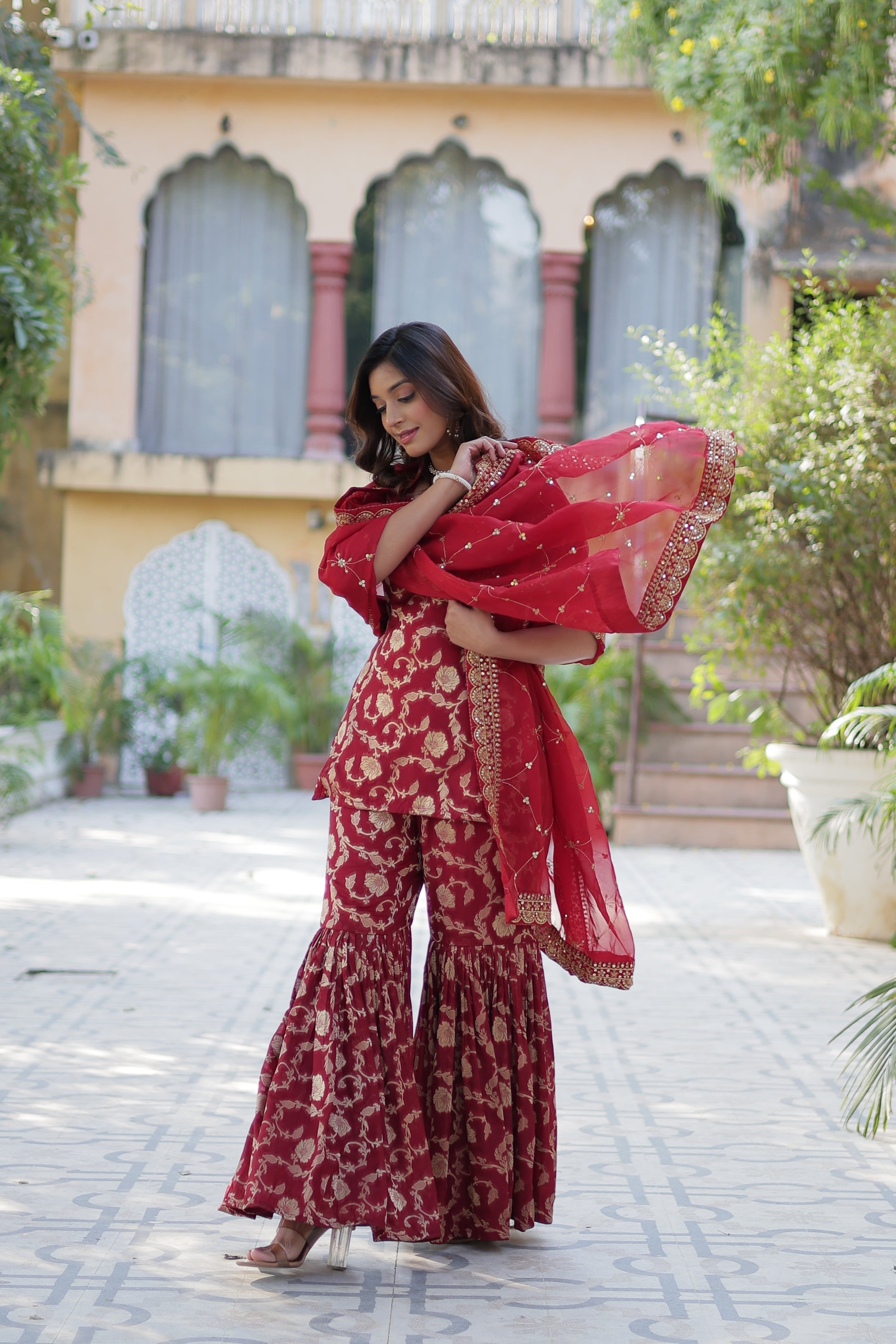 Triya Maroon Viscose Georgette Jacquard Kurti Gharara Set