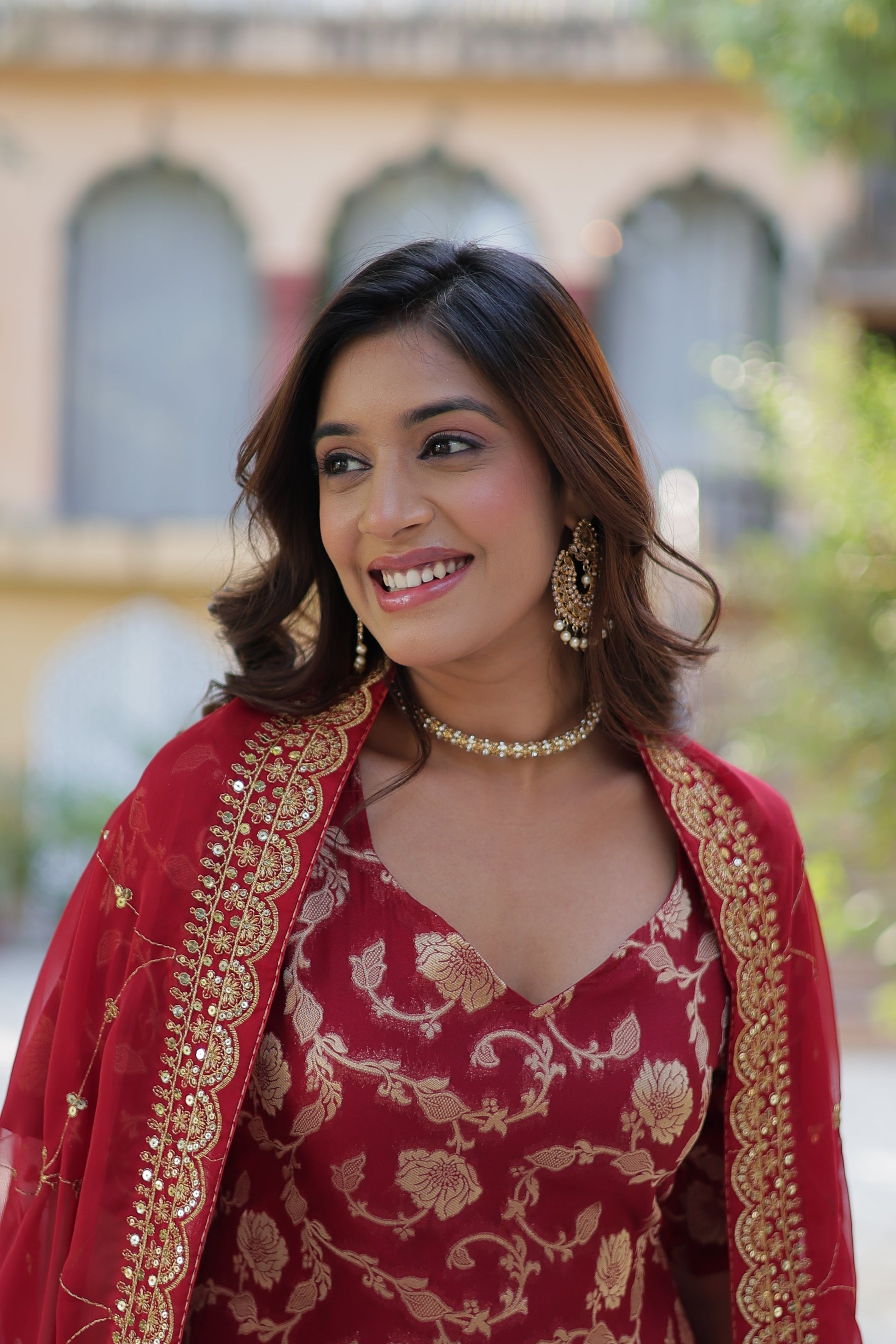 Triya Maroon Viscose Georgette Jacquard Kurti Gharara Set