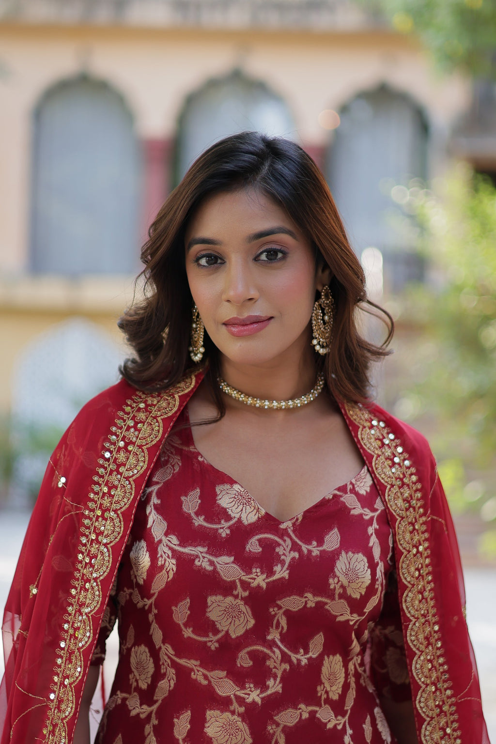 Triya Maroon Viscose Georgette Jacquard Kurti Gharara Set