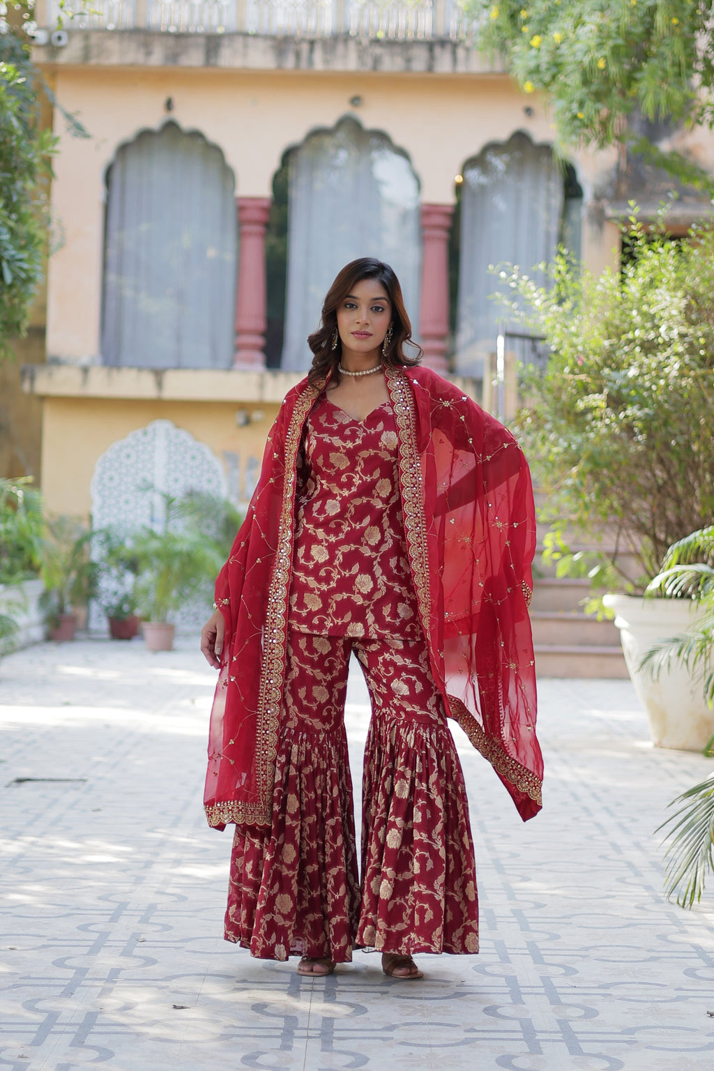 Triya Maroon Viscose Georgette Jacquard Kurti Gharara Set