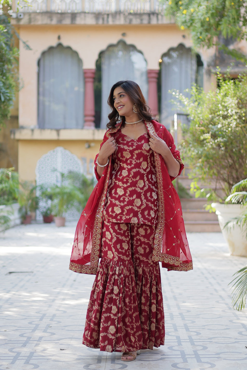 Triya Maroon Viscose Georgette Jacquard Kurti Gharara Set