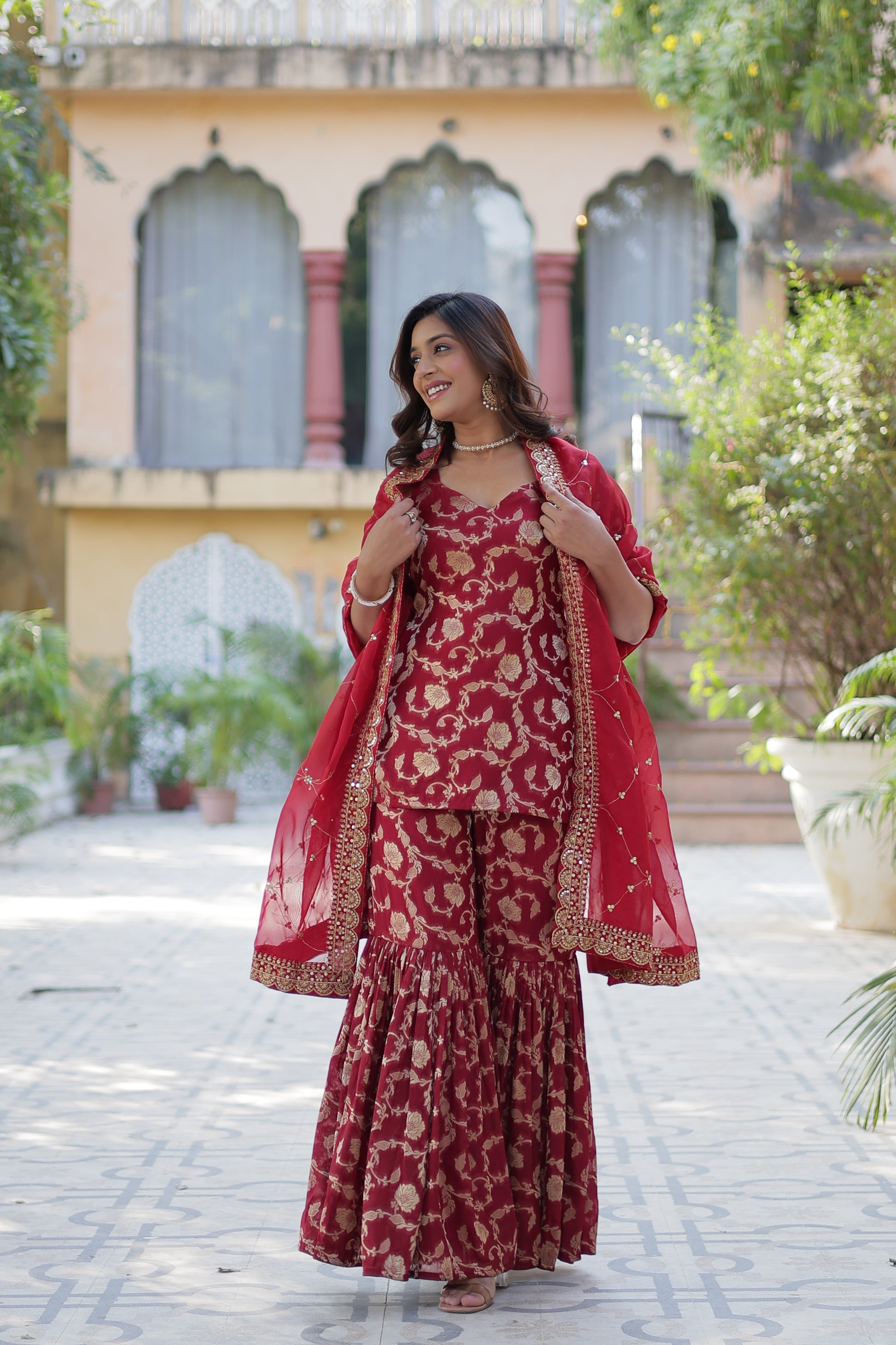 Triya Maroon Viscose Georgette Jacquard Kurti Gharara Set