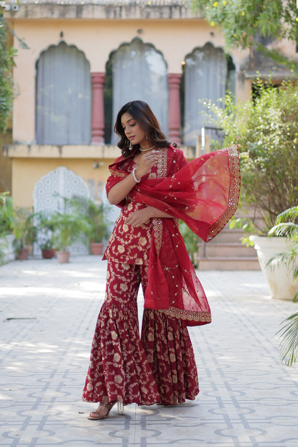 Triya Maroon Viscose Georgette Jacquard Kurti Gharara Set
