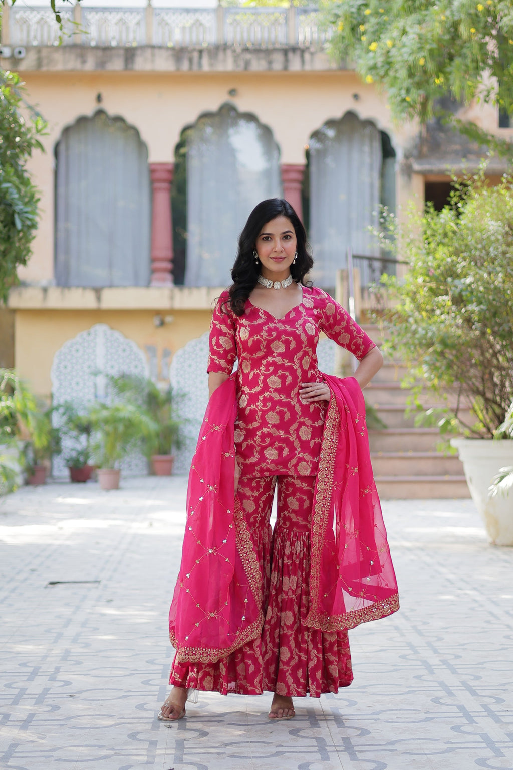 Triya Pink Viscose Georgette Jacquard Kurti Gharara Set