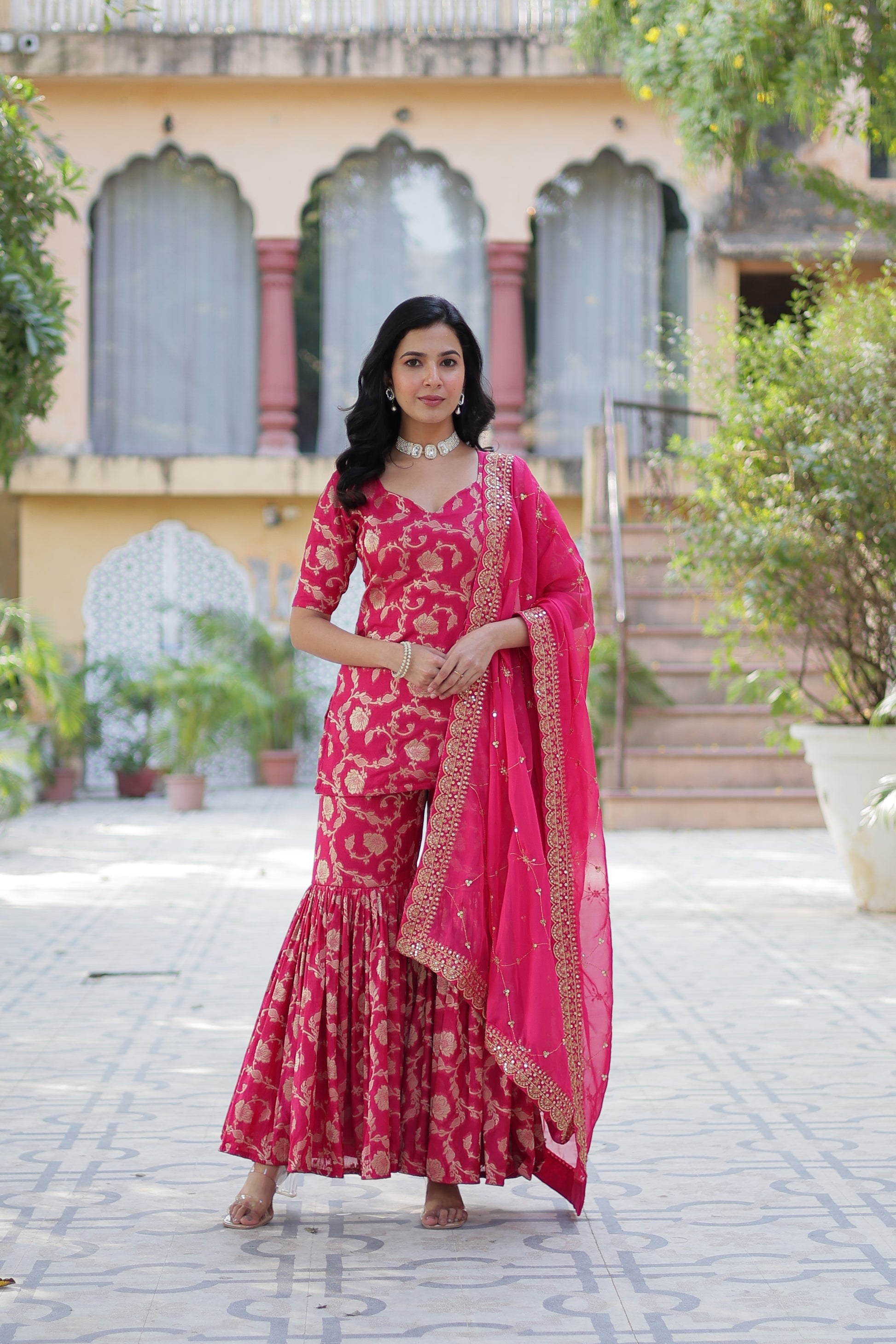 Triya Pink Viscose Georgette Jacquard Kurti Gharara Set