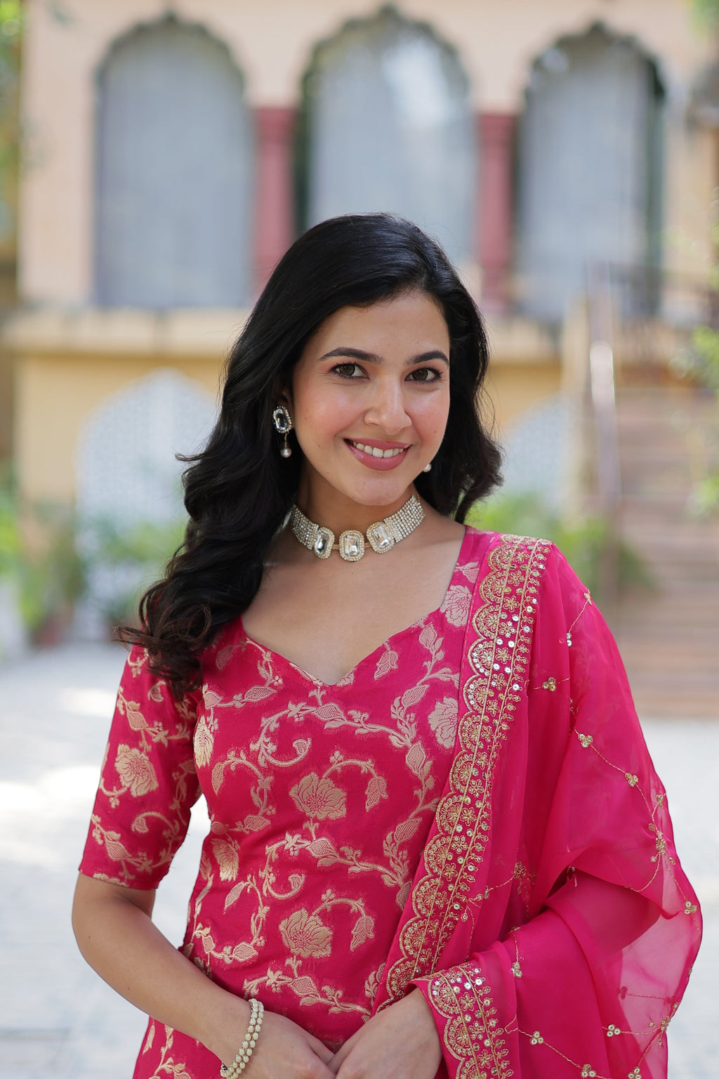 Triya Pink Viscose Georgette Jacquard Kurti Gharara Set