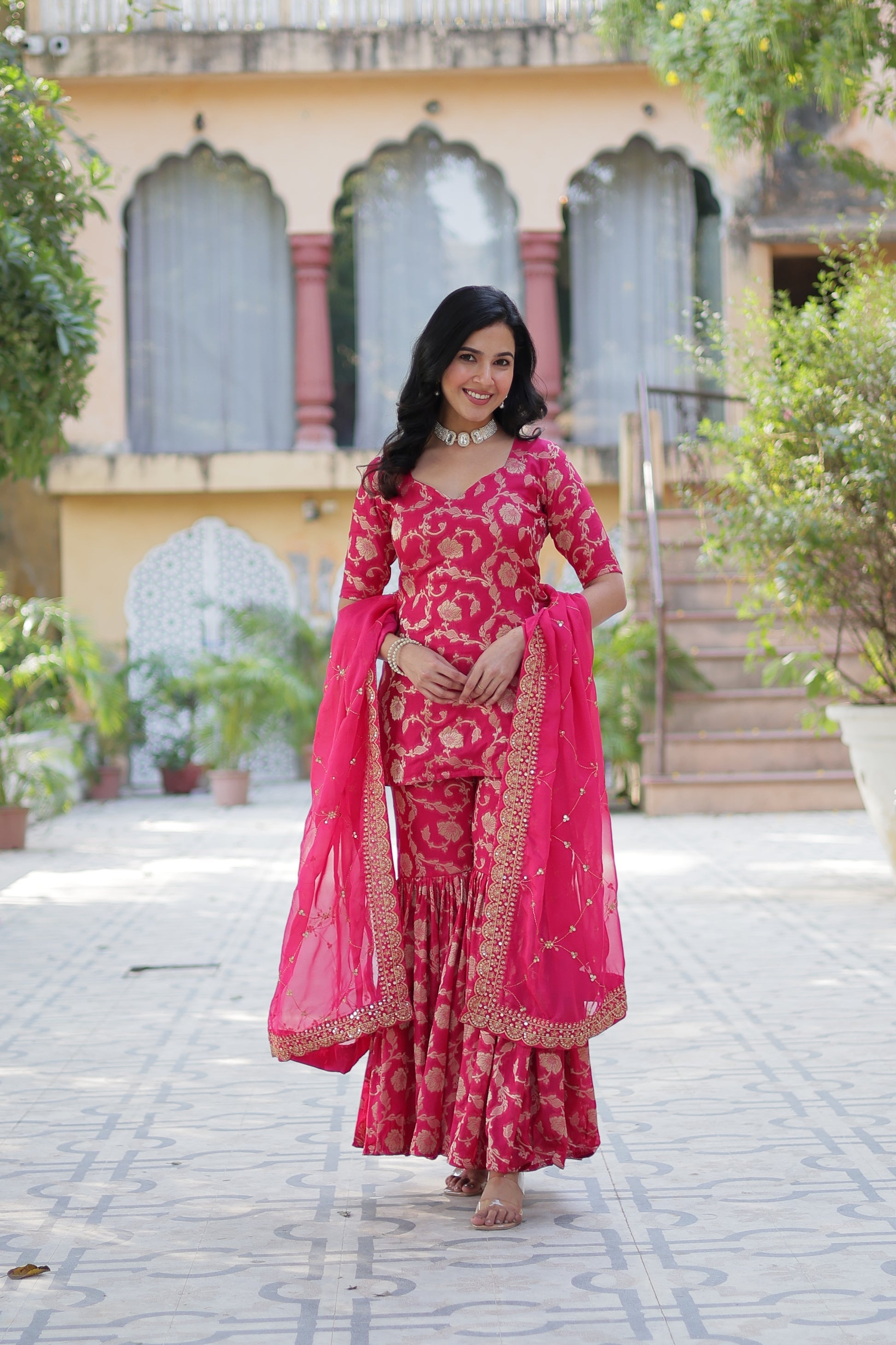 Triya Pink Viscose Georgette Jacquard Kurti Gharara Set