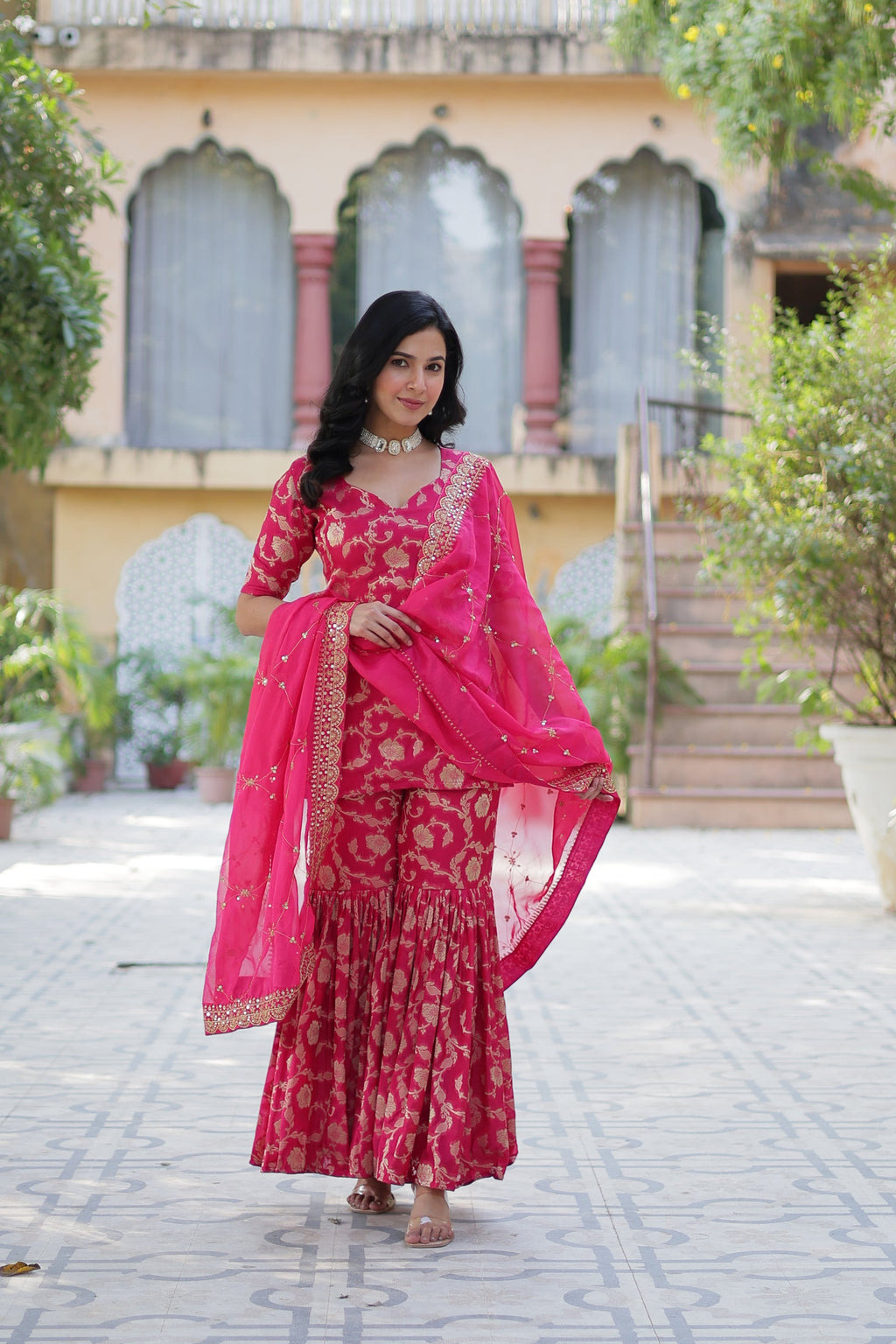 Triya Pink Viscose Georgette Jacquard Kurti Gharara Set